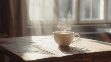 Morning brew tranquility a steaming mug amidst gentle sunlight on rustic wooden surface photo