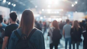 Back view of woman walking in crowded event hall filled with bokeh lights photo