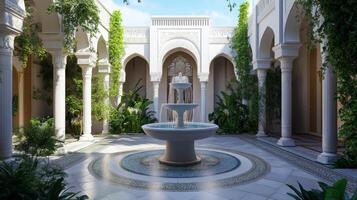 Elegant courtyard featuring a tiered fountain, architectural arches and lush green foliage backdrop photo