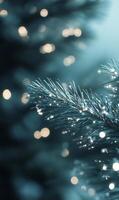 Serene winter scene featuring a pine branch adorned with glittering lights and a cool ambiance photo