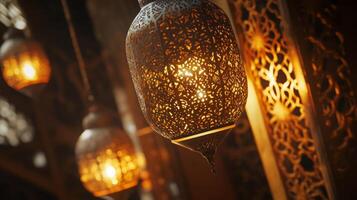 Ornate metallic lamps casting warm light patterns, evoking oriental elegance and charm indoors photo