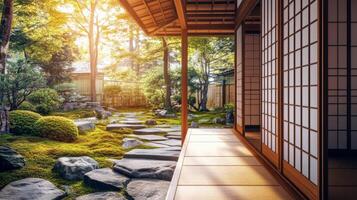 Serene japanese garden view from traditional house wooden veranda with shoji doors open photo
