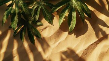 Botanical serenity cast leaves shadows over fine sand surface texture detail photo