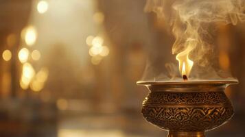 Aromatic serenity illuminated, gentle flame dances on the edge of ornate golden vessel photo