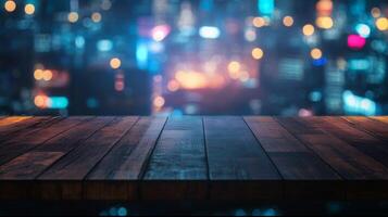 Illuminated skyline backdrop with rustic wooden surface offering an urban aesthetic photo