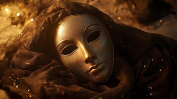 Golden mask resting on a black cloth, illuminated by soft light creating mysterious ambiance photo