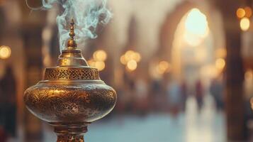 Intricate brass incense burner emitting fragrant smoke, creating a serene ambiance indoor photo