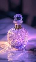 Elegant crystal perfume bottle shimmering in amethyst light, radiating subtle luxury photo