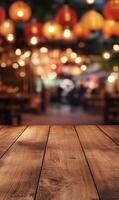 Enchanting evening ambience luminous lanterns over rustic wooden table inviting gathering place photo