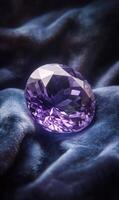 Majestic amethyst gem resting gently on a luxurious velvet surface, luminous violet hues photo