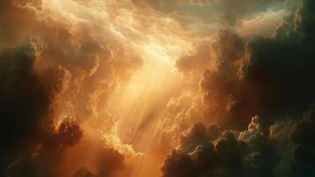 Dramatic vista of sunbeams breaking through a mass of celestial cumulus formations photo