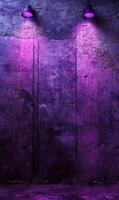 Illuminated purple grunge wall with overhead lights, creating a vibrant and textured effect photo