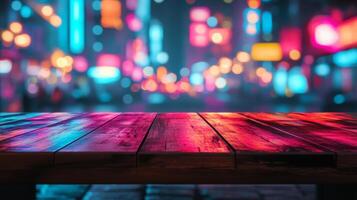 Iridescent cityscape background with a brightly lit wooden surface for display montage photo