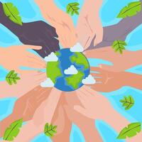 a group of hands in a circle with the earth in the middle. a background that can be used to commemorate earth day or other environmental activities vector