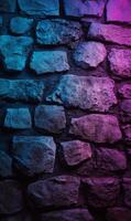 Stone wall illuminated with trendy neon colors creates a modern abstract art piece photo