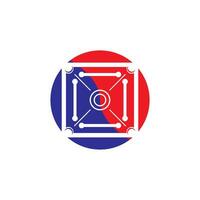 A red, white and blue logo with a circle vector