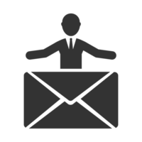 Email icon with a man standing on top of an envelope png
