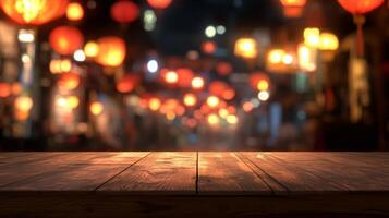 Mystical evening ambience wooden table surface illuminated festive lantern bokeh background photo