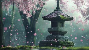 Zen garden lantern covered with cherry blossom petals in dreamy serene atmosphere photo