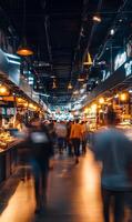 Vibrant marketplace scene featuring blurred motion of shoppers and warm ambient lighting photo