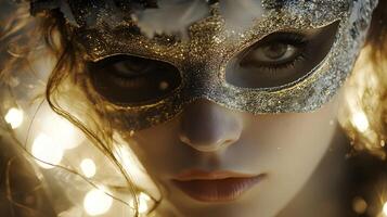Mysterious woman in a sparkling carnival mask with soft lighting emphasizing the eyes photo