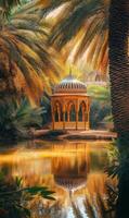 Enchanting arabic gazebo reflection shimmers amongst serene palm tree oasis garden setting photo
