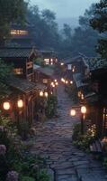 Enchanting japanese village twilight glow cobblestone path tranquil mountain atmosphere photo