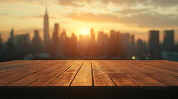 Golden hour cityscape vista from a wooden platform creating a serene urban tranquility photo