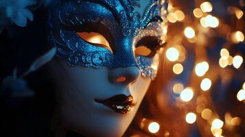 Elegant masquerade mask with intricate details and bokeh lights creating a festive atmosphere photo