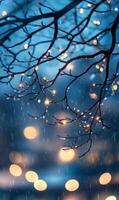 Enchanted twilight, Rain-kissed branches shimmer amidst gentle, ethereal glowing orbs photo