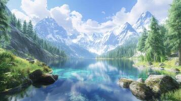 Tranquil mountain lake vista reflecting snow capped peaks and evergreen forests around photo