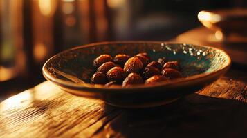 Artistic composition with fresh dates in patterned turquoise bowl bathed in golden light photo