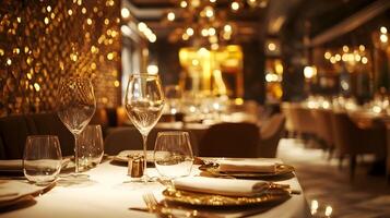 Elegant dining experience with shimmering lights and exquisite table arrangement setting photo