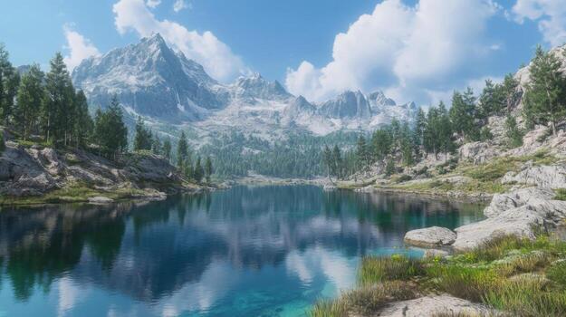 Serene mountain lake reflecting cloudy sky, with verdant forest and majestic peaks backdrop photo