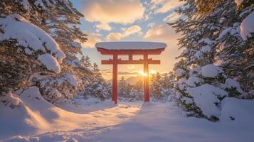 Snowy landscape frames a torii gate with a burst of sunlight peeking through in japan photo