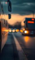 Captivating evening highway scene with blurred bus lights creating a dreamy atmosphere photo