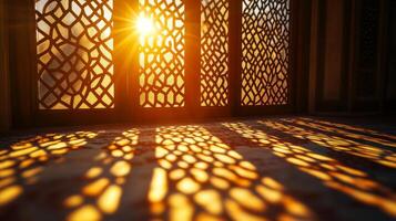 Golden hour illumination, sunbeam streaming through ornate window casting intricate patterns photo