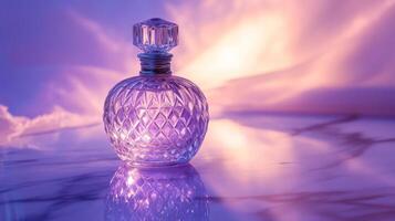 Elegant perfume bottle with facet glass design, creating a luxurious ambiance with soft pastel colors photo