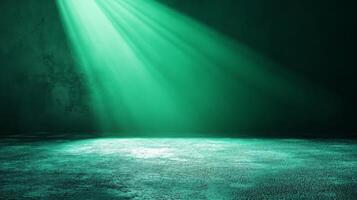 Illuminated emerald stage backdrop with textural elements and directional light beams emphasis photo