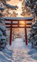 Red Torii Gate Under Snowfall at Golden Hour with Sun Rays Shining in Mystic Winter Ambience photo