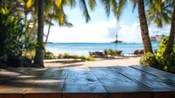 Tropical paradise beach getaway with wooden table foreground, idyllic scenic caribbean vacation photo