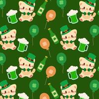 A St. Patrick s Day pattern featuring a kawaii leprechaun cat, green beer, clover balloons, and festive elements. vector