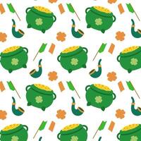 Lucky Irish St. Patrick s Day Digital Pattern with Gold Coins and Pipes. A St. Patrick s Day pattern featuring pots of gold, Irish pipes, shamrocks, and flags. vector