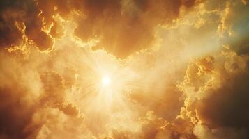 Radiant sunlight piercing through dense, golden clouds, creating a heavenly ethereal spectacle photo