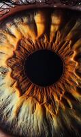 Intricate amber eye, close up capturing human vision and vibrant detail of the iris photo