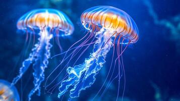 Illuminated jellyfish gliding gracefully in deep ocean waters with vibrant light effect photo