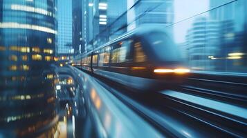 Modern metropolitan train speeding through the urban landscape with motion blur effect photo