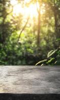 Sunlit Forest Backdrop with a Concrete Stage for Product Display and Nature Integration photo
