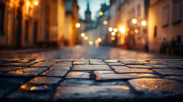 Illuminated cobblestone street in europe at dusk captivating vintage charm and texture photo
