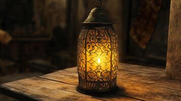 Vintage ornate lantern casting a warm glow on rustic wood surface in dim lit ambiance photo